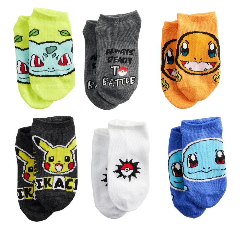 Pokémon No-Show Socks 6-Pack - Pikachu, Charmander, Bulbasaur, Squirtle